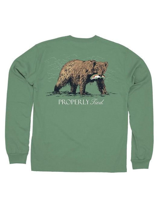 Properly Tied Tee Shirt - Logo Pocket on Front - Back Graphic - Spruce Green Brown Bear