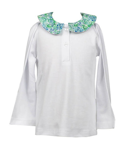 Proper Peony Pima Girls White Shirt - Blue Aster Floral Collar by Proper Peony