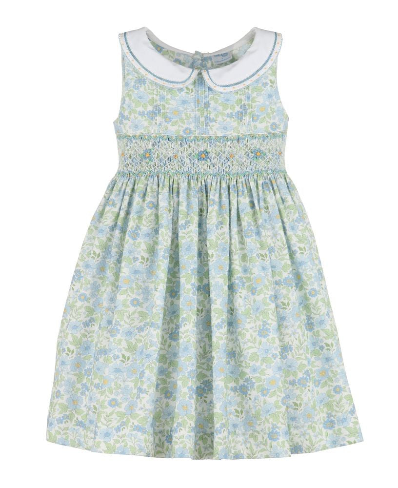 Luli & Me Girls Ocean Blue Floral Sleeveless Smocked Dress - Embroidered Collar