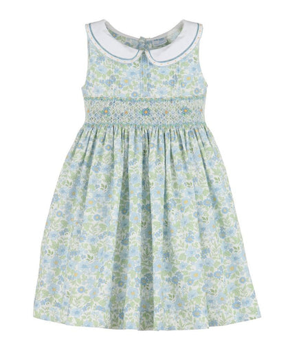 Luli & Me Girls Ocean Blue Floral Sleeveless Smocked Dress - Embroidered Collar