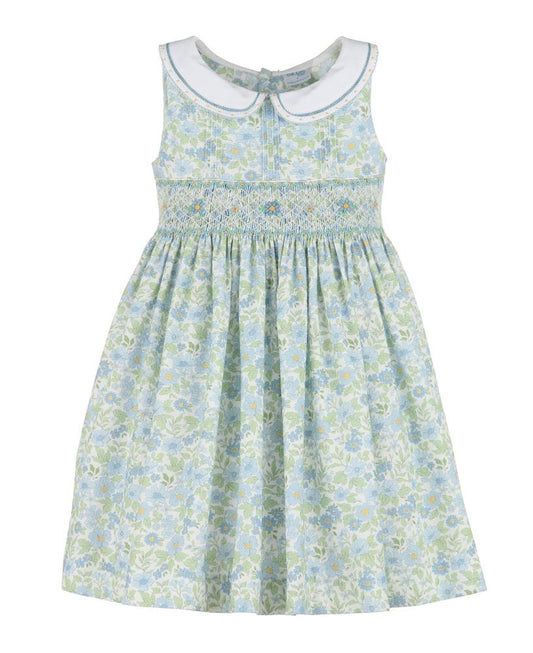 Luli & Me Girls Ocean Blue Floral Sleeveless Smocked Dress - Embroidered Collar