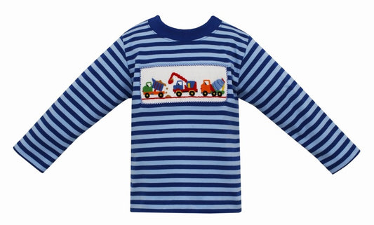 Anavini Boys Long Sleeve Shirt - Blue Stripes - Smocked Construction Trucks