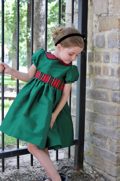 Susanne Lively Girls Emerald Green Christmas Dress - Red Holiday Plaid Collar & Sash