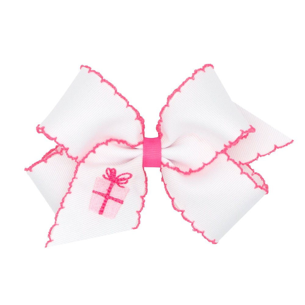 Wee Ones Girls White Hair Bow - Hot Pink Moonstitch - Embroidered Birthday Present