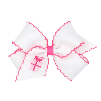 Wee Ones Girls White Hair Bow - Hot Pink Moonstitch - Embroidered Birthday Present