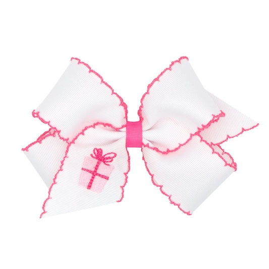 Wee Ones Girls White Hair Bow - Hot Pink Moonstitch - Embroidered Birthday Present