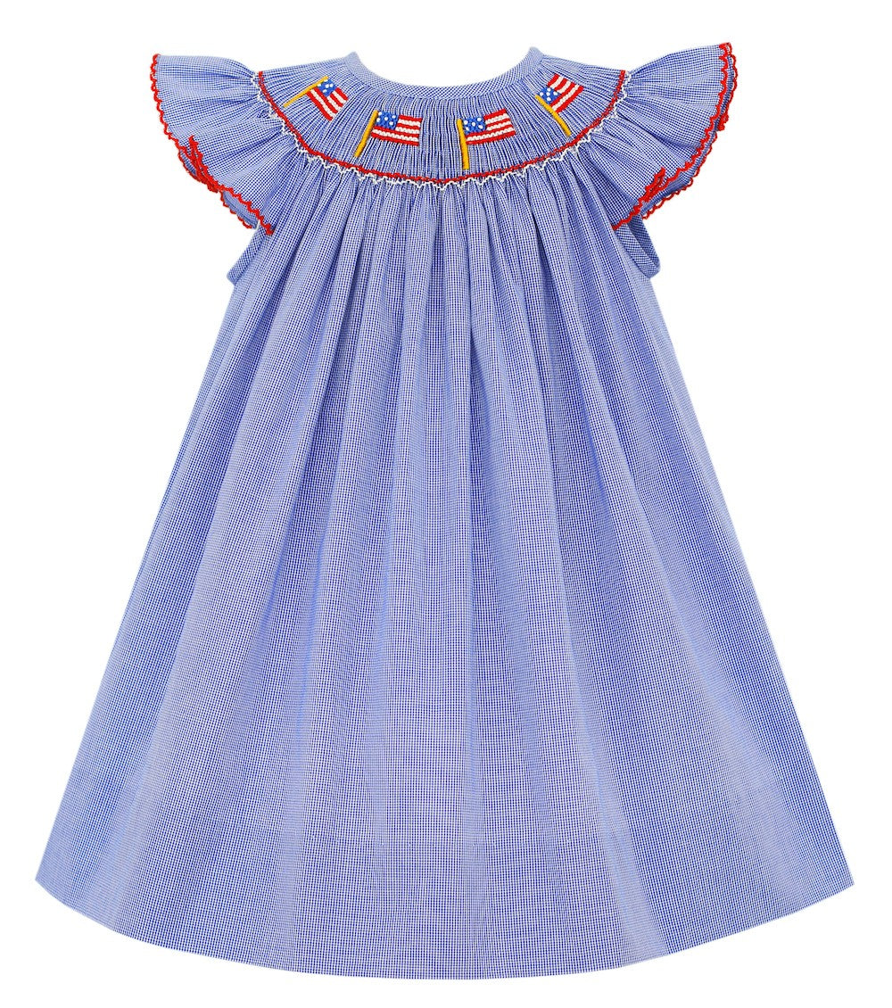 Petit Bebe Baby Girls Royal Blue Check Smocked Flags Dress