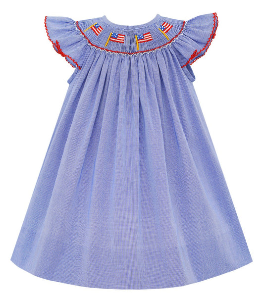 Petit Bebe Baby Girls Royal Blue Check Smocked Flags Dress