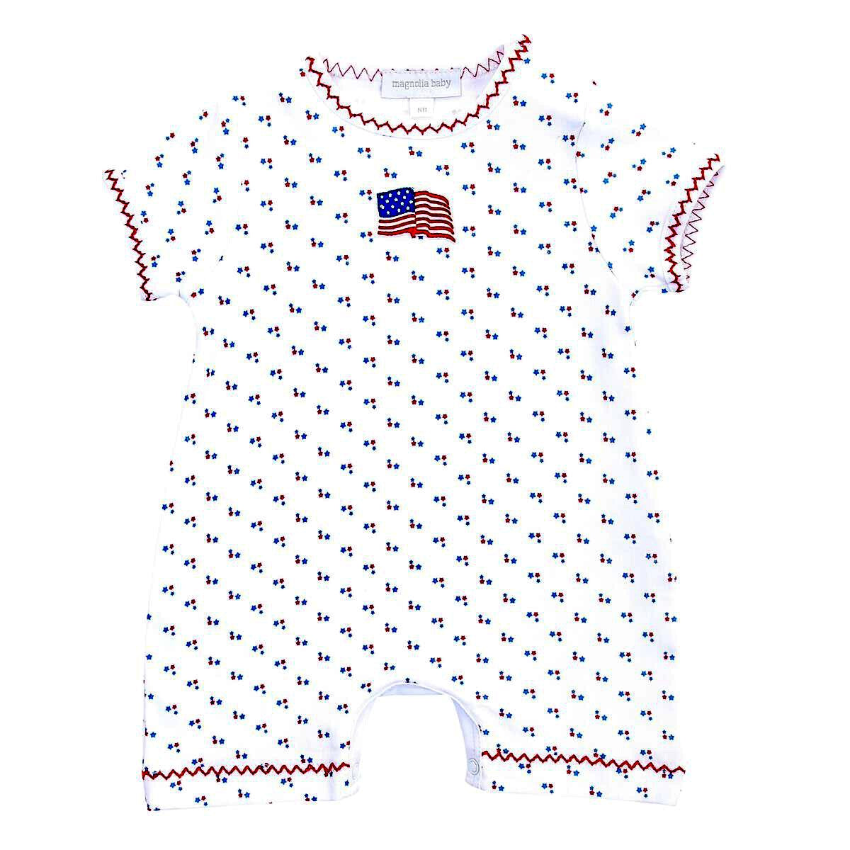 Magnolia Baby Boys Vintage Red, White and Blue Embroidered Flag Short Playsuit