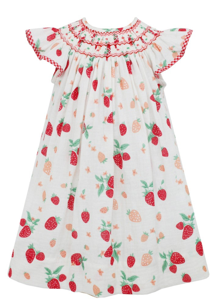 Claire & Charlie Girls Strawberry Print Smocked Bishop Dress - Angel Sleeves
