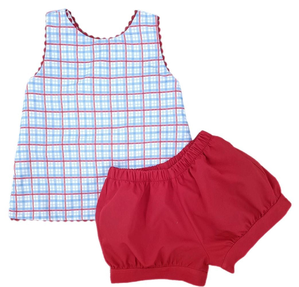 James & Lottie Girls Sammy Cross Back Banded Shorts Set - Patriotic Plaid
