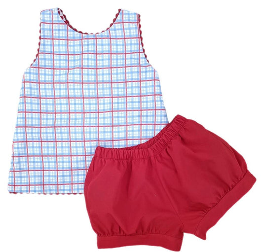 James & Lottie Girls Sammy Cross Back Banded Shorts Set - Patriotic Plaid