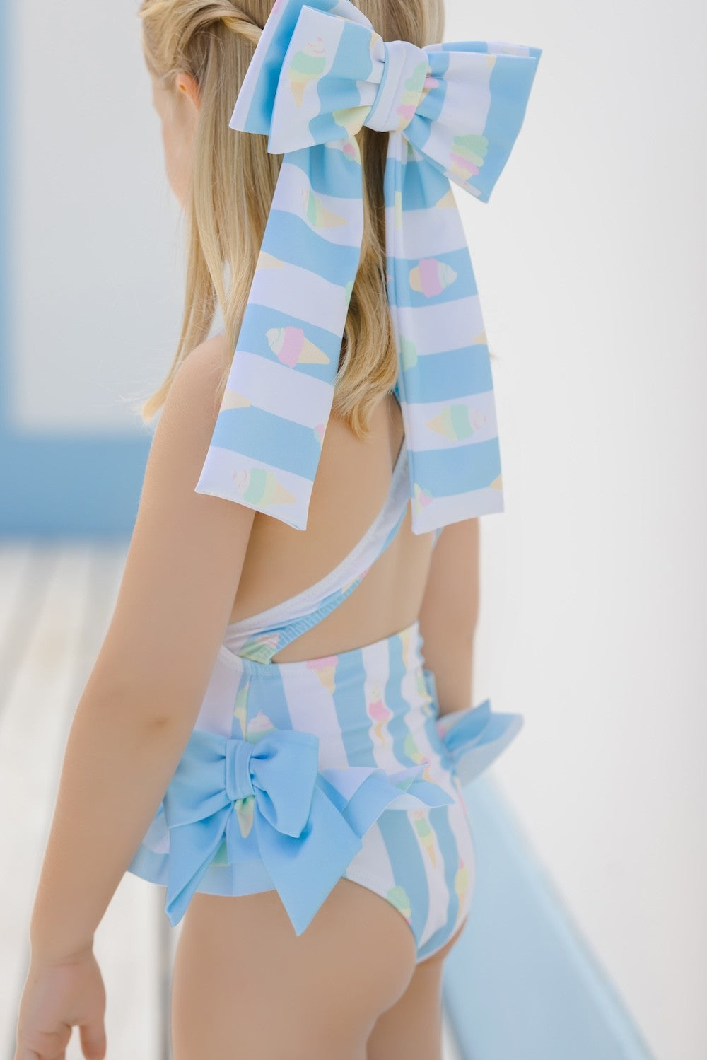 Sal & Pimenta Girls Lycra Hair Bow on Clip - Blue Stripe Gelato Ice Creams