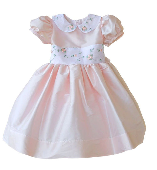 Susanne Lively Girls Pink Special Occasion Dress - Embroidered Rosettes on Organdy Sash & Collar