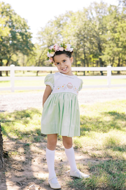 Proper Peony Girls Mint Green Check Embroidered Easter Basket Dress