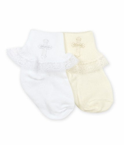 Jefferies Christening Cross Socks for Baby Girls - White or Ivory - with Lace