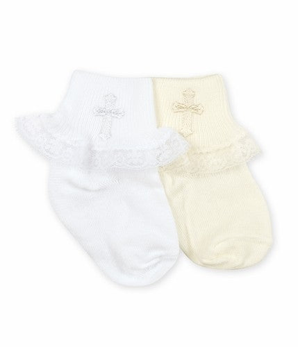 Jefferies Christening Cross Socks for Baby Girls - White or Ivory - with Lace