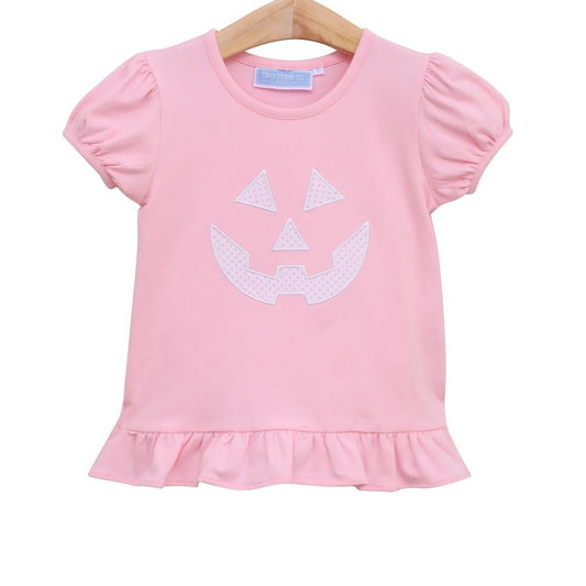 Trotter Street Kids Toddler Girls Ruffle Top - Pink Halloween Jack O'Lantern