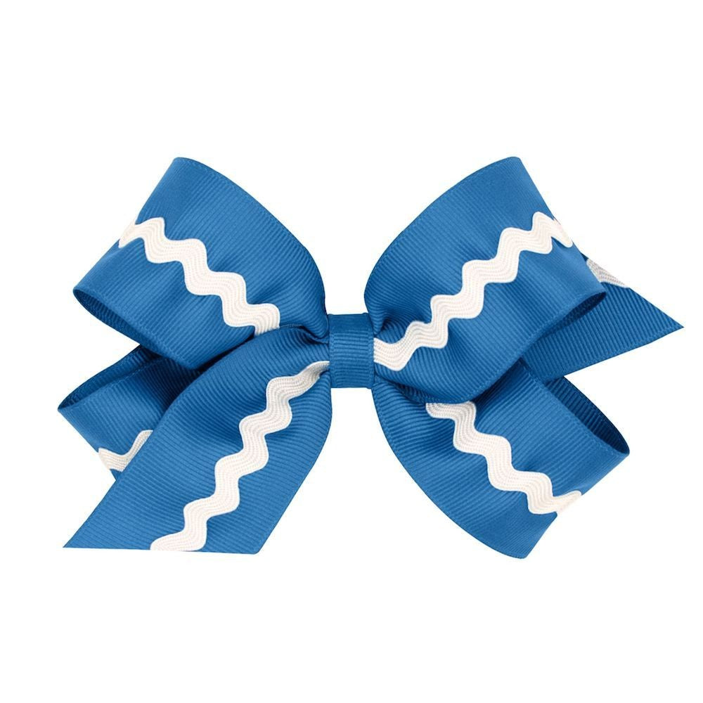 Wee Ones Girls Grosgrain Bow - Bright Blue with White Rick Rack