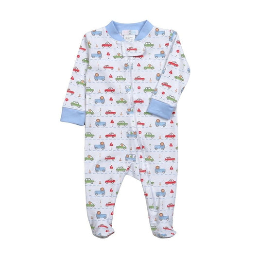 Baby Loren Boys Pima Zipper Footie - Blue Little Drivers by Baby Loren