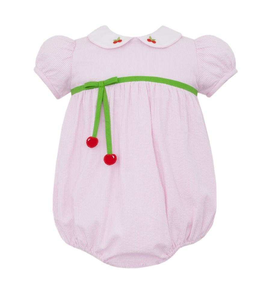 Claire & Charlie Baby Girls Pink Stripe Seersucker Bubble - Cherry Tie & Collar