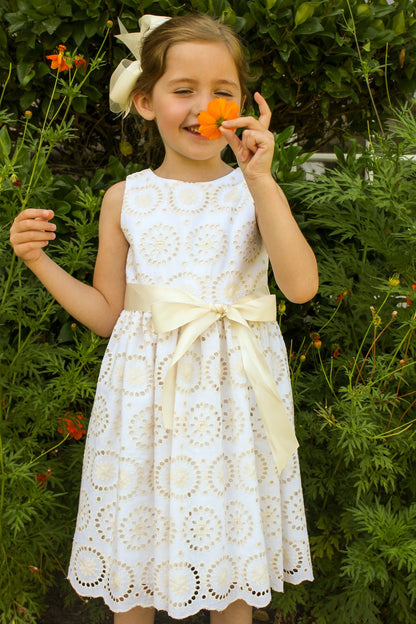 Susanne Lively Girls Sleeveless Ivory / White Eyelet Dress - V-Back