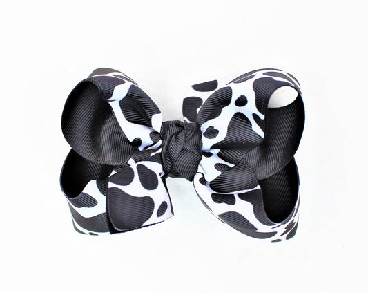 Beyond Creations Girls Grosgrain Layered Double Knot Bow on Clip - Black & White Cow Print