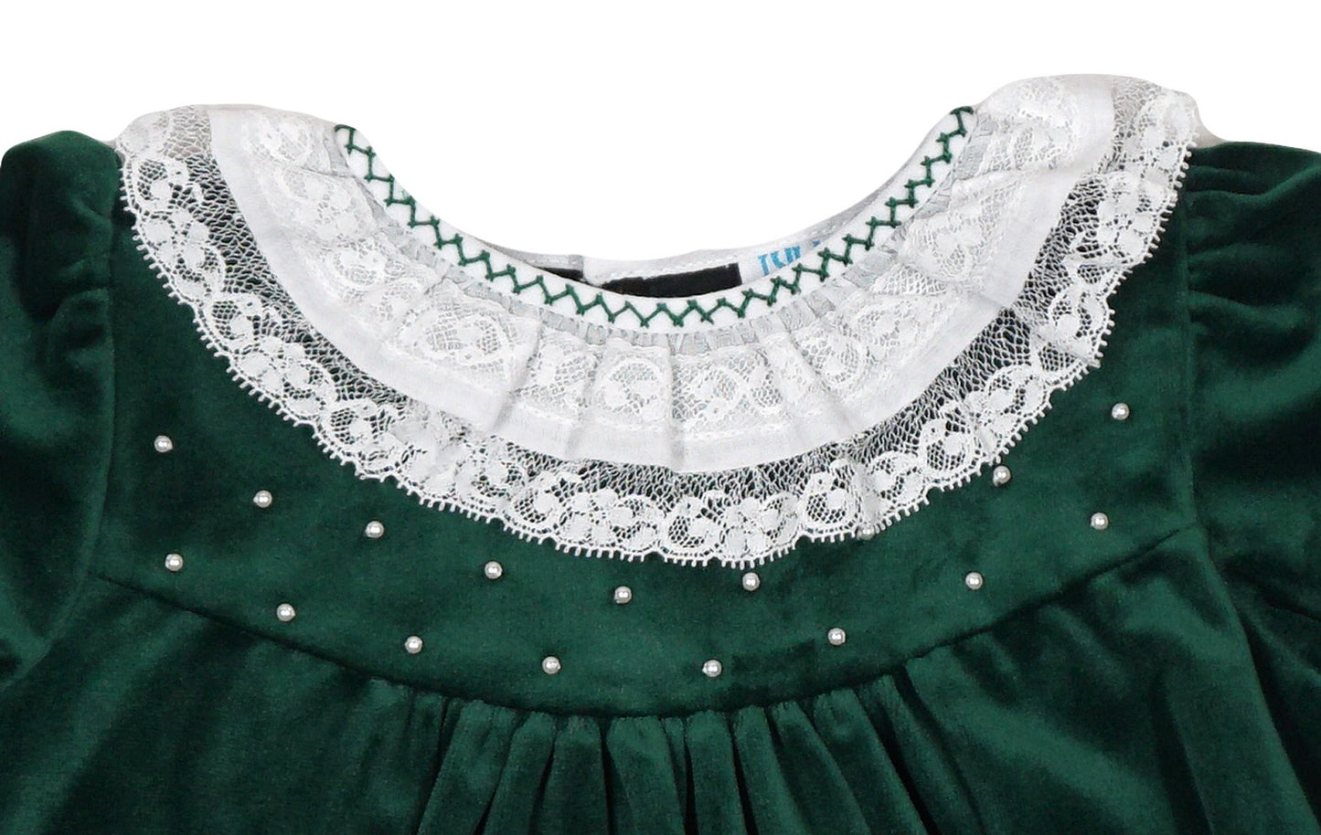 Luli & Me Baby / Toddler Girls Luxe Velvet Float Dress - Lace Collar & Pearls - Green