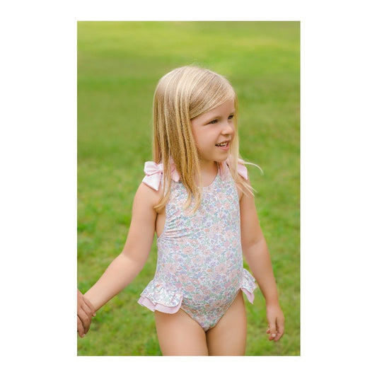 Sal & Pimenta Girls Swimsuit - Pink Amalfi Floral with Bows on Shoulders