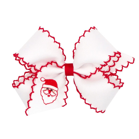 Wee Ones Girls Hair Bow - Embroidered Santa Face on White Bow