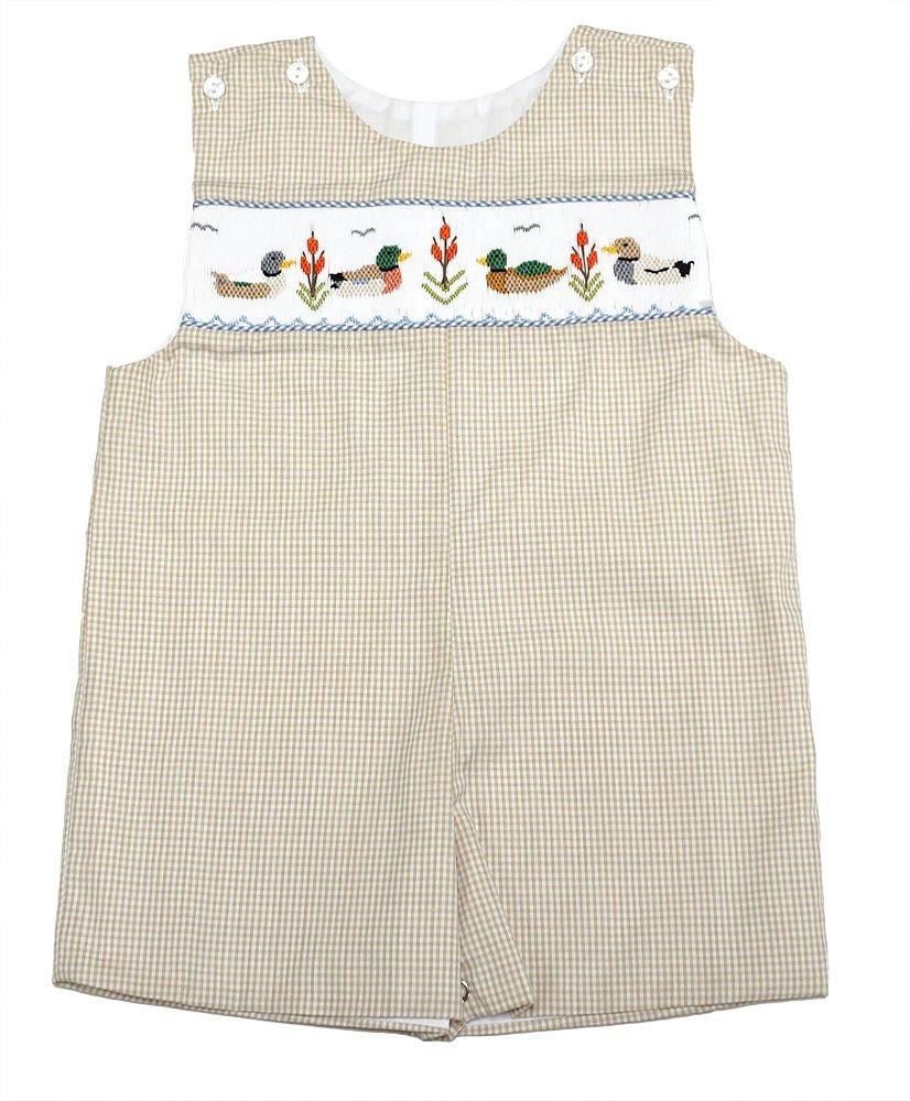 LuLu BeBe Boys Tan Gingham Smocked Mallard Ducks Jon Jon