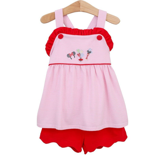 Trotter Street Kids Girls Red Mouse Embroidery Scallop Shorts Set