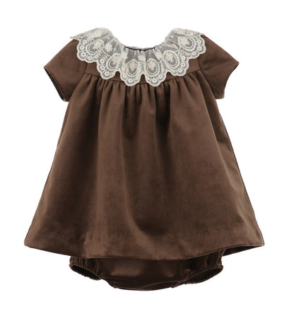 Luli & Me Girls Deluxe Velvet Float Dress - Lace Collar - Chocolate Brown