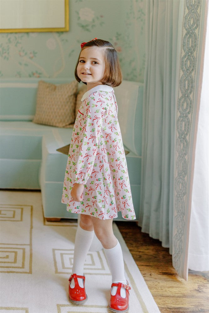 Proper Peony Pima Girls Pink Holly Bows Holiday Dress 2T