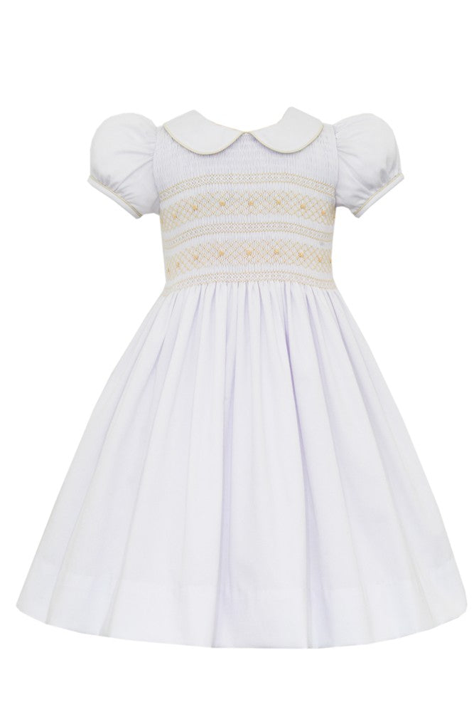 Anavini Girls White Pique Dress with Collar - Fully Smocked Bodice in Ecru