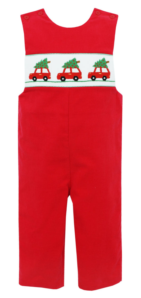 Anavini Baby / Toddler Boys Red Corduroy Longall - Smocked Trees on Cars