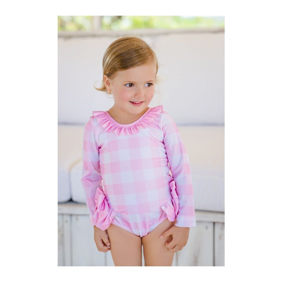 Sal & Pimenta Girls Swimsuit - Buffalo Check - Pink - Rashguard with Pink Bows at Hips