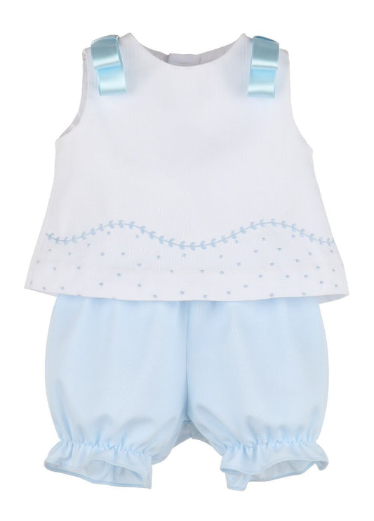 Luli & Me Toddler Girls Light Blue Pique Party Dots Bloomers Set - Bows on Shoulders
