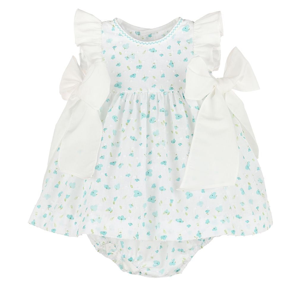 Sophie & Lucas Girls Dress - Azure Blue Blooms Floral - Side Bows