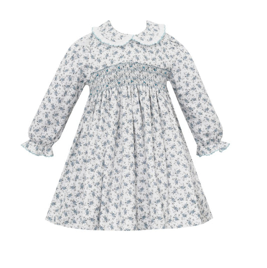 Petit Bebe Girls Blue Floral Smocked Dress - Collar & Long Sleeves by Petit Bebe