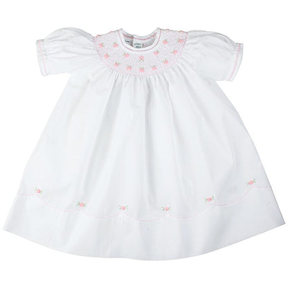 Feltman Brothers Baby Girls Sweet Midgie Bishop - White Dress Smocked in Pink