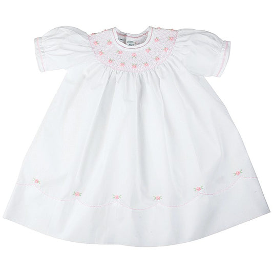 Feltman Brothers Baby Girls Sweet Midgie Bishop - White Dress Smocked in Pink