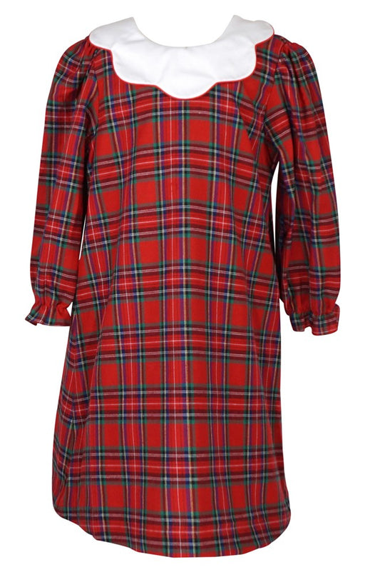 Anavini Couture Girls Red Holiday Plaid Dress - Scallop Collar - Sash - V-Back with Big Red Bow