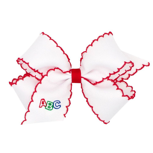 Wee Ones Girls Hair Bow - White with Red Moonstitch - Embroidery ABC