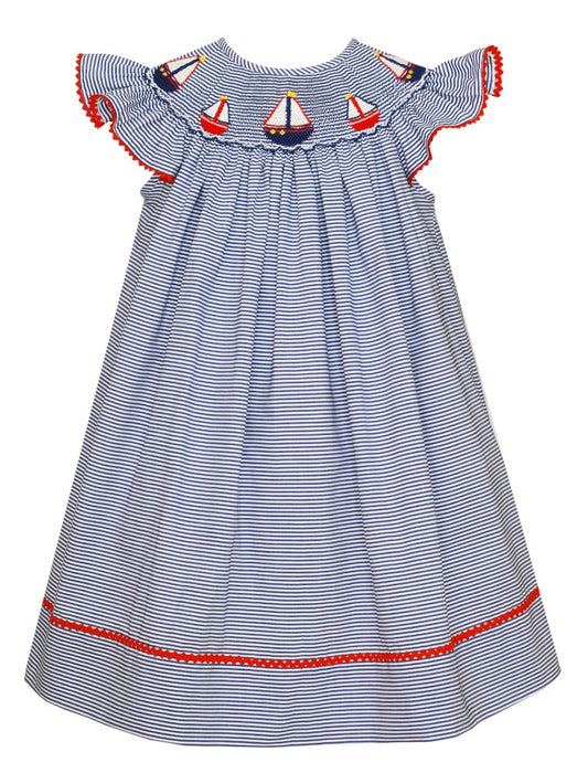 Anavini Girls Navy Blue Striped Smocked Sailboats Bishop Dress