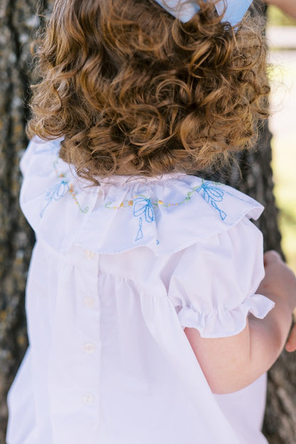 Proper Peony Girls Beatrice Bow Bubble - White - Blue Bow Embroidery