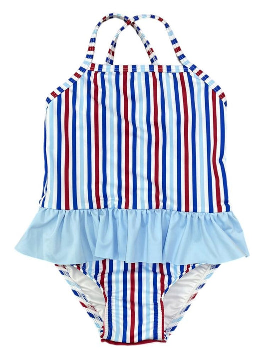 James & Lottie Girls Lainey Skirted Swimsuit - Patriotic Stripes