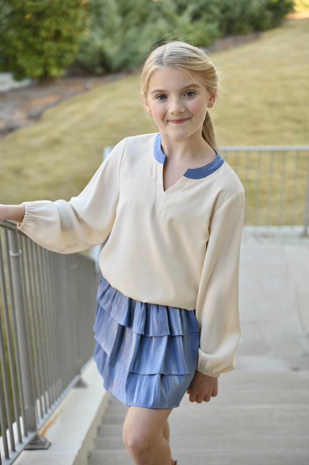 pleat Collection Girls Milly Top - Cream with Blue Trim