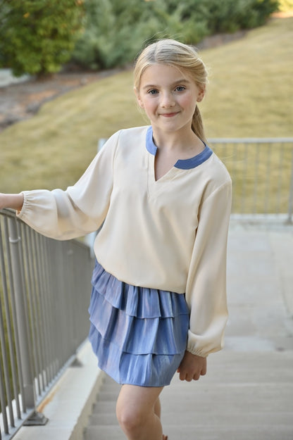 pleat Collection Girls Milly Top - Cream with Blue Trim