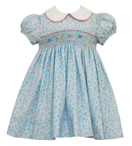 Petit Bebe Baby / Toddler Girls Bonnie Blue Floral Smocked Dress with Collar by Petit Bebe